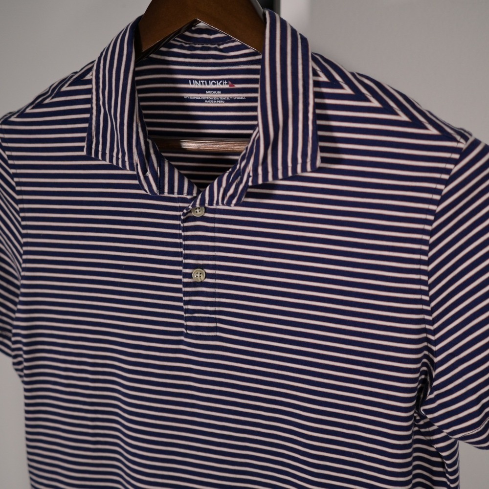 UNTUCKit‎ Mens M Navy White Striped Short Sleeve Polo Shirt Preppy Golf